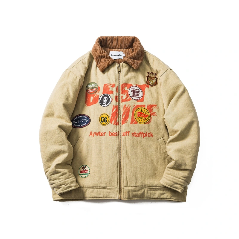GrogeousBen  Unisex Winter new small design sense of corduroy splicing lapel cotton coat retro paste label workwear cotton jacket