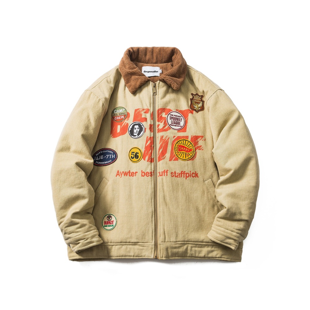 GrogeousBen  Unisex Winter new small design sense of corduroy splicing lapel cotton coat retro paste label workwear cotton jacket