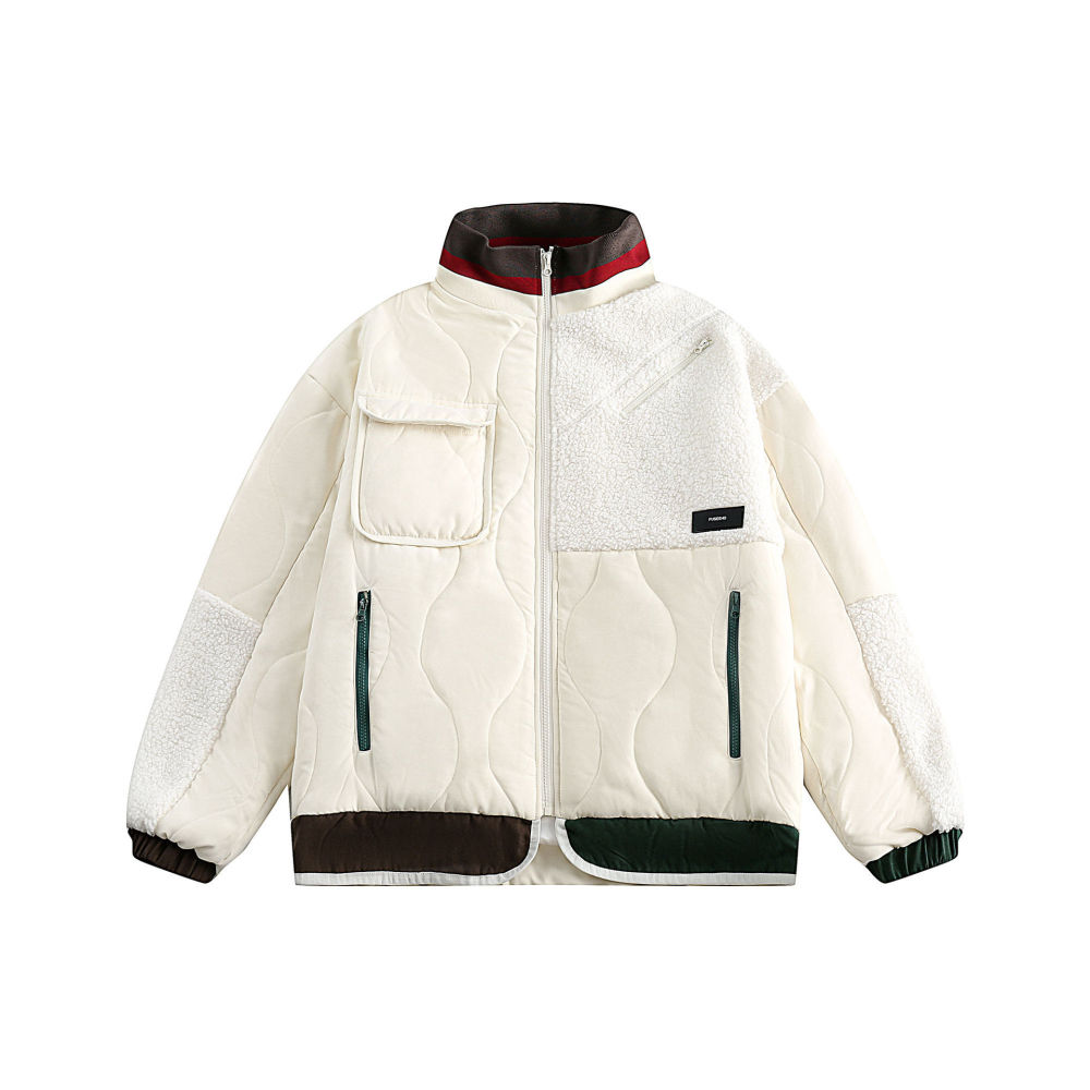 GrogeousBen  Unisex Design sense trendy brand splicing cotton-padded coat men's thickened lamb wool jacket for winter.
