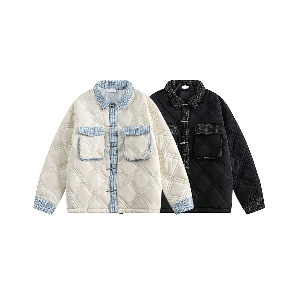 GrogeousBen  Unisex Winter new small fragrant wind color collision splicing shirt collar cotton coat couple cotton coat jacket.