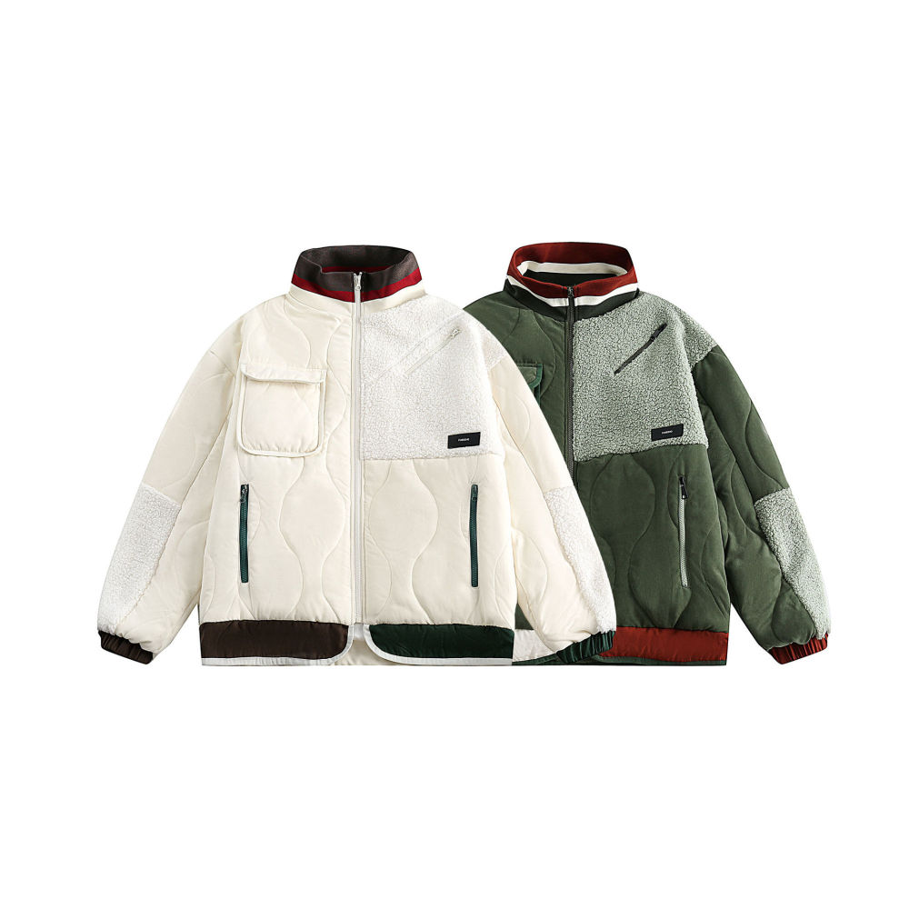 GrogeousBen  Unisex Design sense trendy brand splicing cotton-padded coat men's thickened lamb wool jacket for winter.