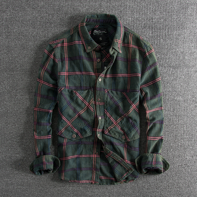 GrogeousBen  Men's Autumn and winter new personality slim-fit versatile men's casual plaid long-sleeved shirt.