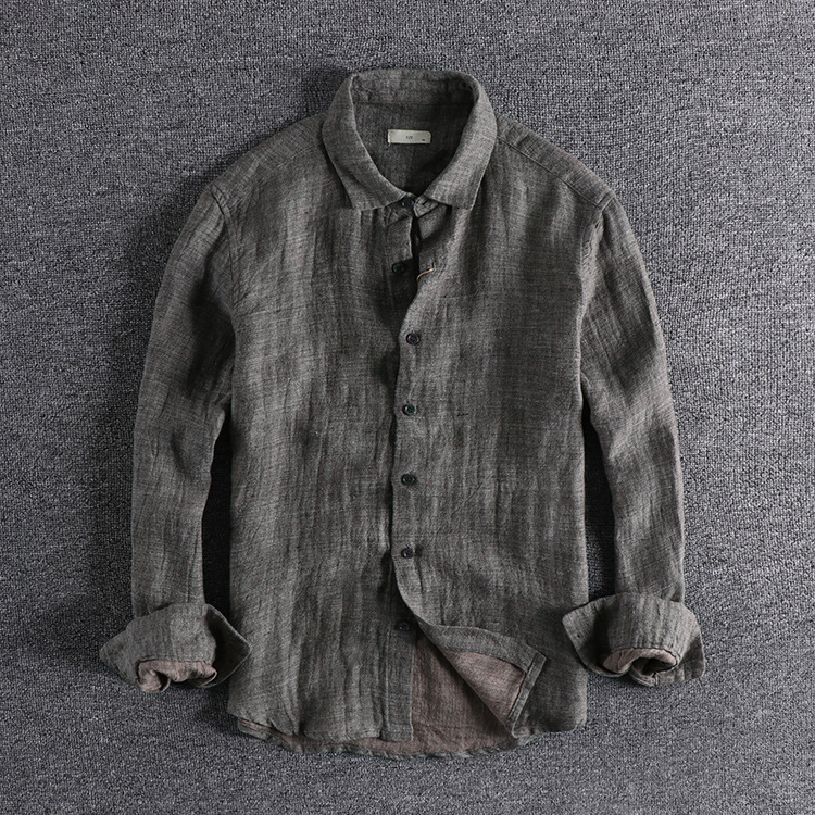 GrogeousBen  Men's Retro color woven linen solid color distressed shirt  men's long-sleeved shirt.