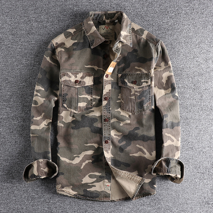 GrogeousBen  Men's Washed camouflage American-style work long-sleeved shirt men's double pocket versatile casual military youth top.