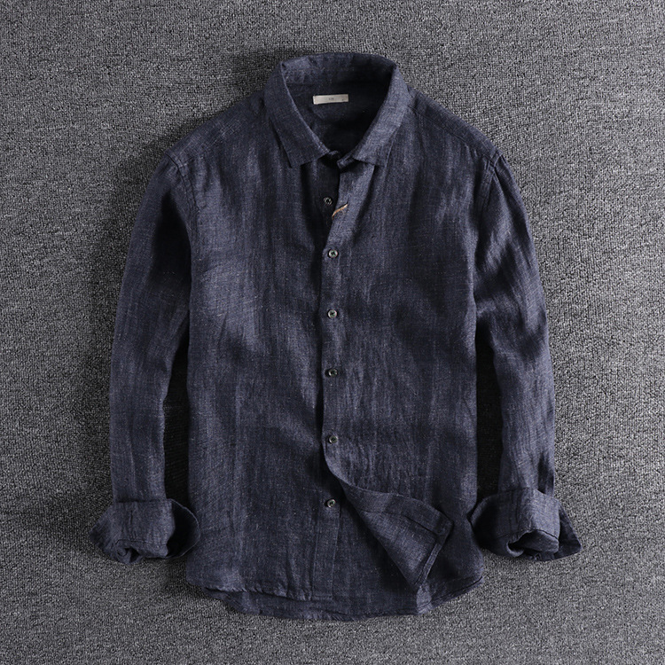 GrogeousBen  Men's Retro color woven linen solid color distressed shirt  men's long-sleeved shirt.