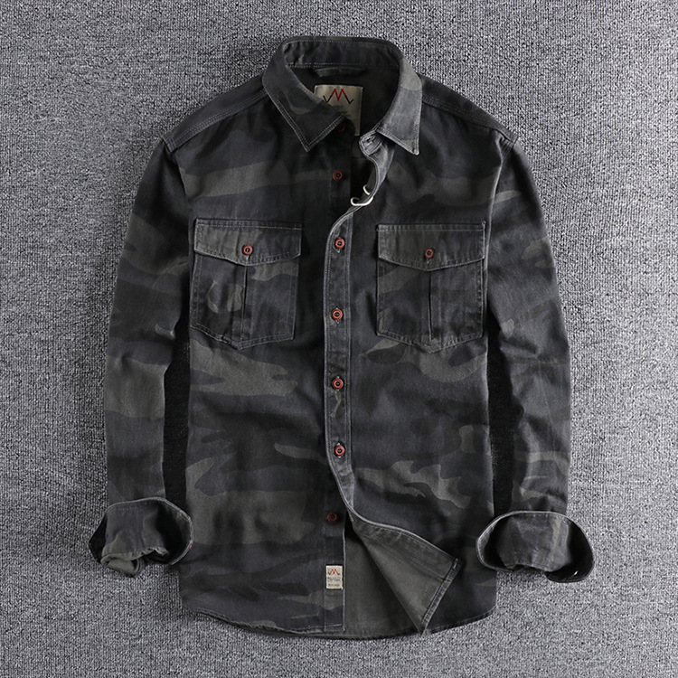 GrogeousBen  Men's Washed camouflage American-style work long-sleeved shirt men's double pocket versatile casual military youth top.