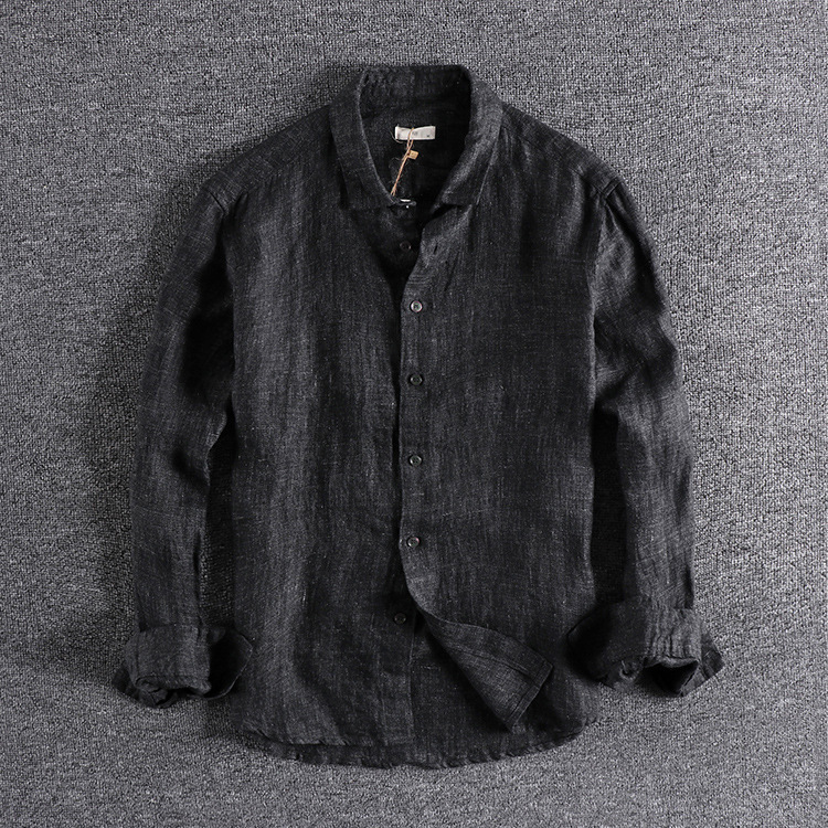 GrogeousBen  Men's Retro color woven linen solid color distressed shirt  men's long-sleeved shirt.