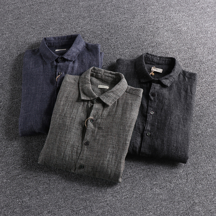 GrogeousBen  Men's Retro color woven linen solid color distressed shirt  men's long-sleeved shirt.