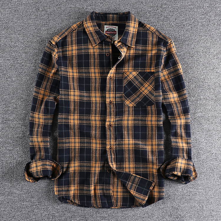 GrogeousBen  Men's Men's vintage loose long-sleeved plaid shirt with brushed and washed spring and autumn style.