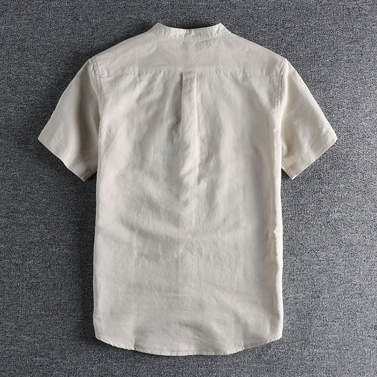 GrogeousBen  Men's Comfortable cotton fabric summer solid color retro trendy small stand collar short-sleeved shirt.