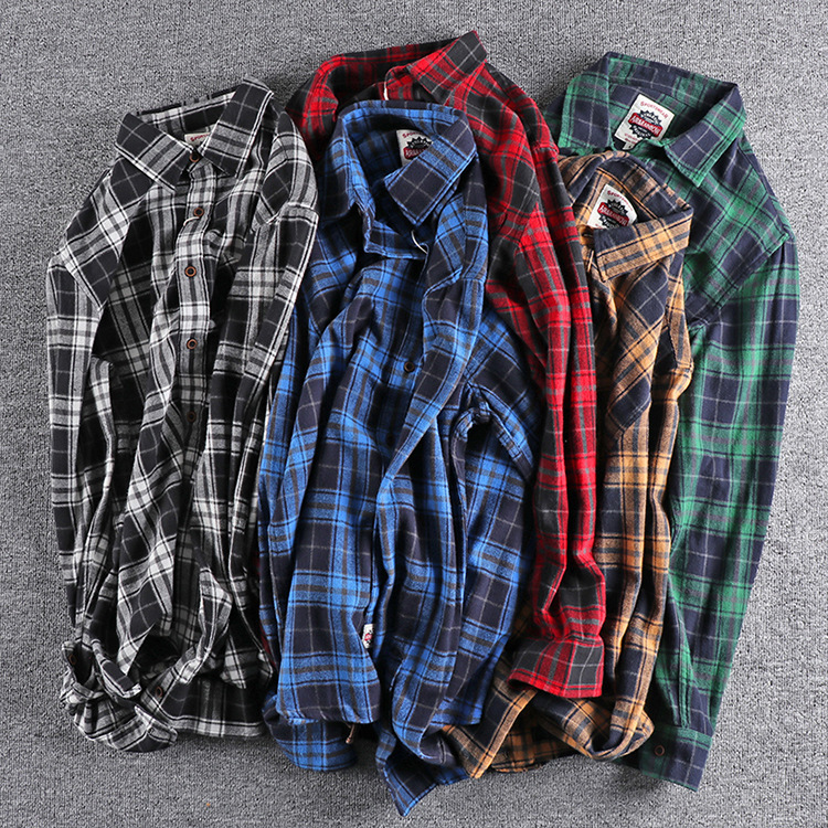 GrogeousBen  Men's Men's vintage loose long-sleeved plaid shirt with brushed and washed spring and autumn style.