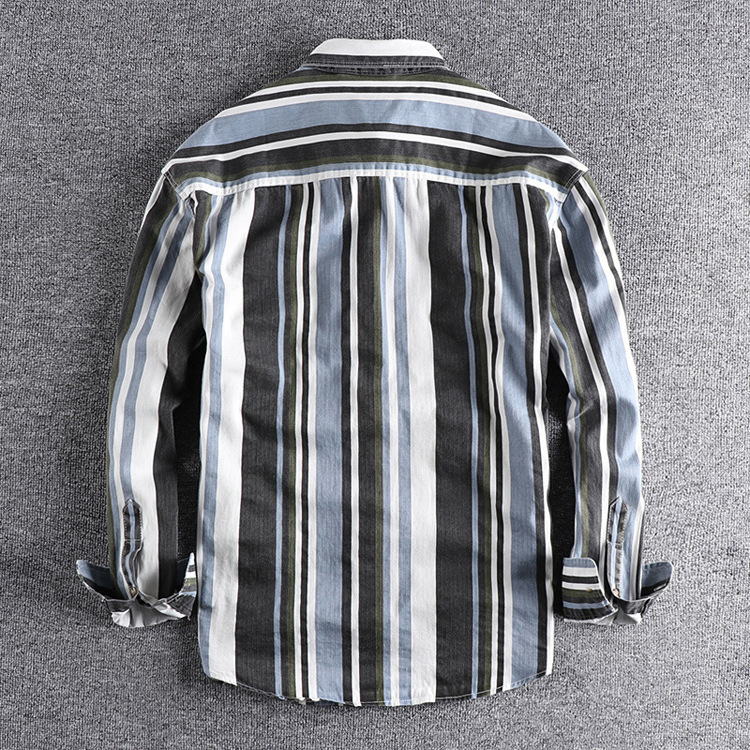 GrogeousBen  Men's Striped button-down colorful shirt loose  retro American casual youth shirt