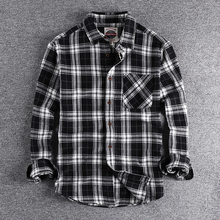GrogeousBen  Men's Men's vintage loose long-sleeved plaid shirt with brushed and washed spring and autumn style.