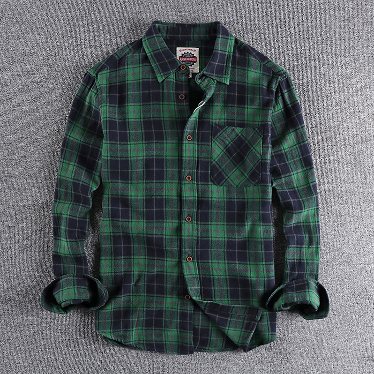 GrogeousBen  Men's Men's vintage loose long-sleeved plaid shirt with brushed and washed spring and autumn style.