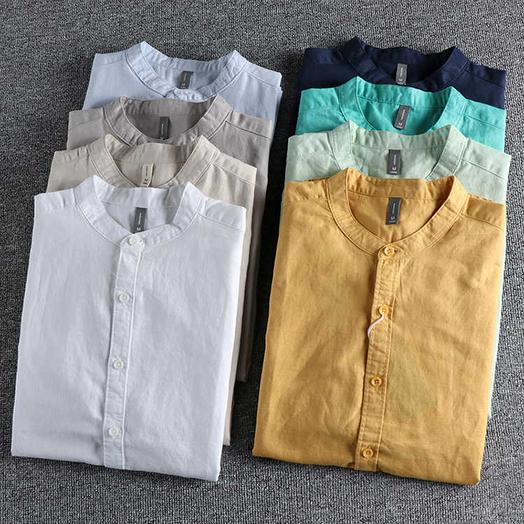 GrogeousBen  Men's Comfortable cotton fabric summer solid color retro trendy small stand collar short-sleeved shirt.