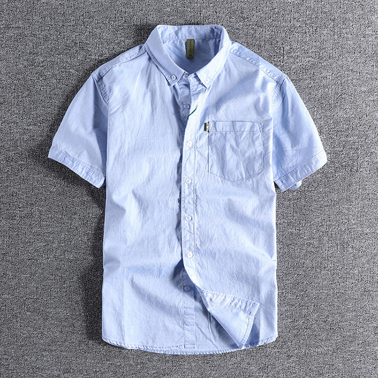GrogeousBen  Men's Simple pocket summer solid color men's short-sleeved shirt, washed thin Oxford cloth slim lapel white shirt.