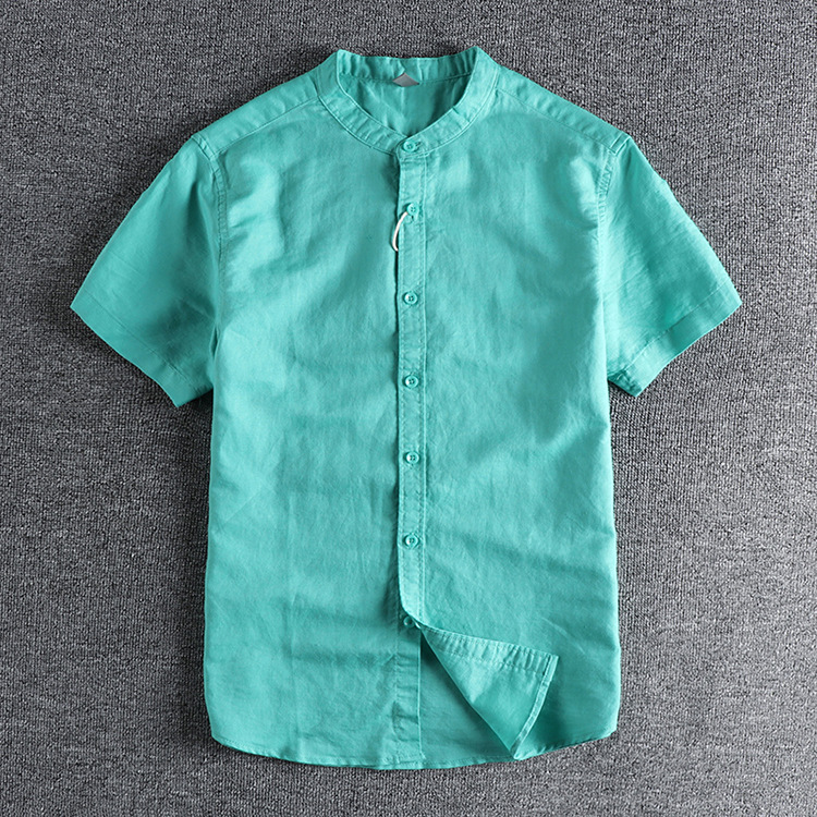 GrogeousBen  Men's Comfortable cotton fabric summer solid color retro trendy small stand collar short-sleeved shirt.