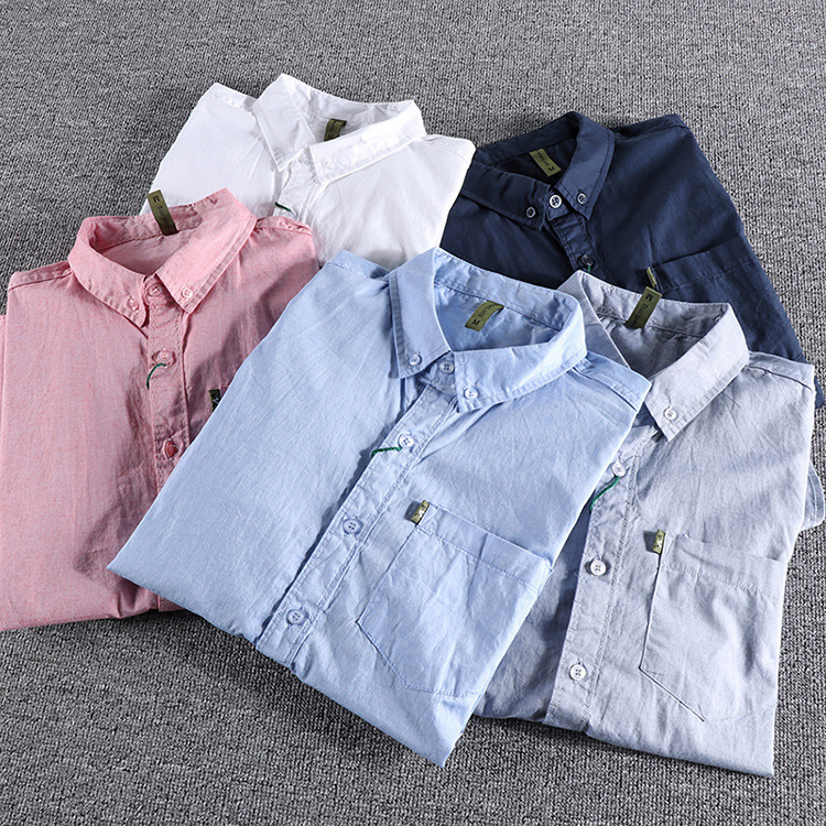GrogeousBen  Men's Simple pocket summer solid color men's short-sleeved shirt, washed thin Oxford cloth slim lapel white shirt.