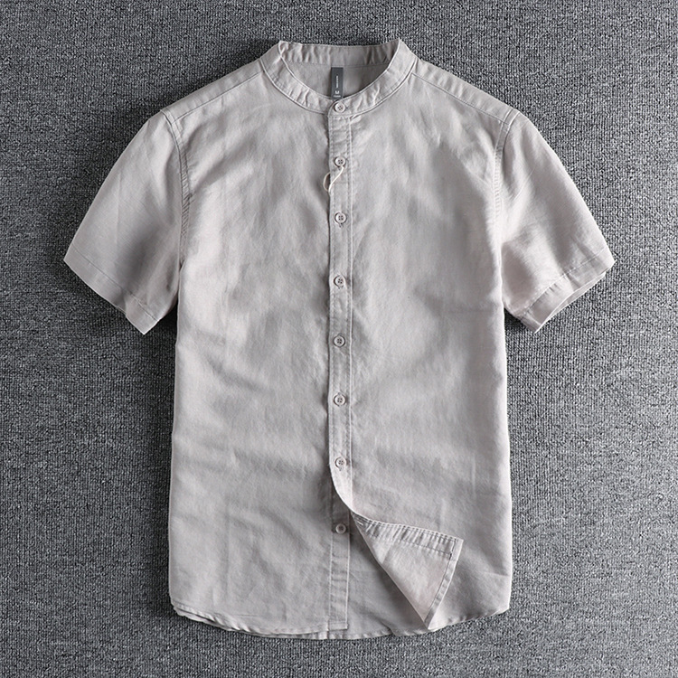 GrogeousBen  Men's Comfortable cotton fabric summer solid color retro trendy small stand collar short-sleeved shirt.