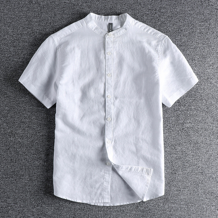 GrogeousBen  Men's Comfortable cotton fabric summer solid color retro trendy small stand collar short-sleeved shirt.