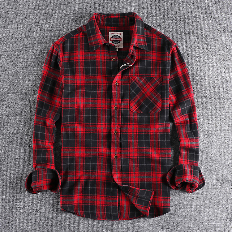 GrogeousBen  Men's Men's vintage loose long-sleeved plaid shirt with brushed and washed spring and autumn style.