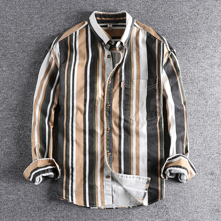 GrogeousBen  Men's Striped button-down colorful shirt loose  retro American casual youth shirt