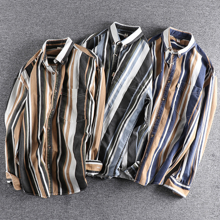 GrogeousBen  Men's Striped button-down colorful shirt loose  retro American casual youth shirt