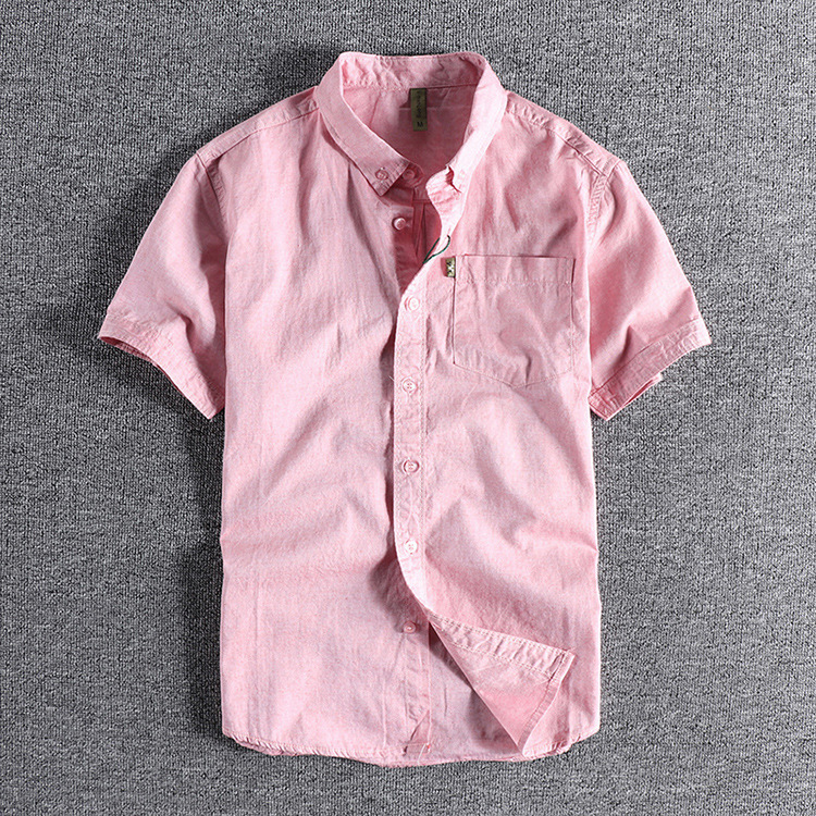GrogeousBen  Men's Simple pocket summer solid color men's short-sleeved shirt, washed thin Oxford cloth slim lapel white shirt.