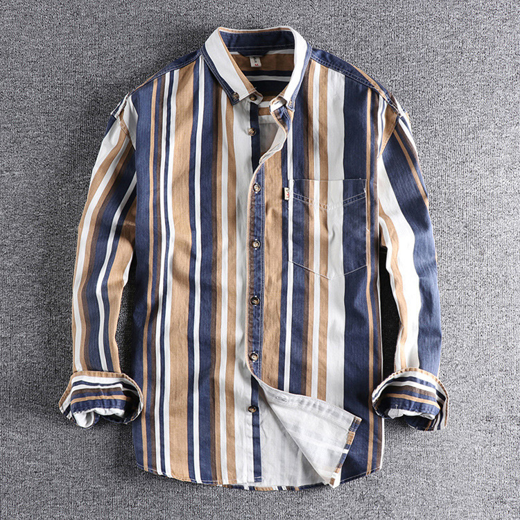 GrogeousBen  Men's Striped button-down colorful shirt loose  retro American casual youth shirt