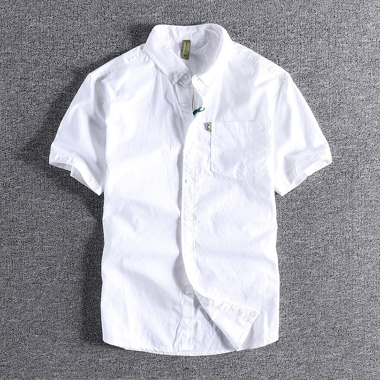 GrogeousBen  Men's Simple pocket summer solid color men's short-sleeved shirt, washed thin Oxford cloth slim lapel white shirt.