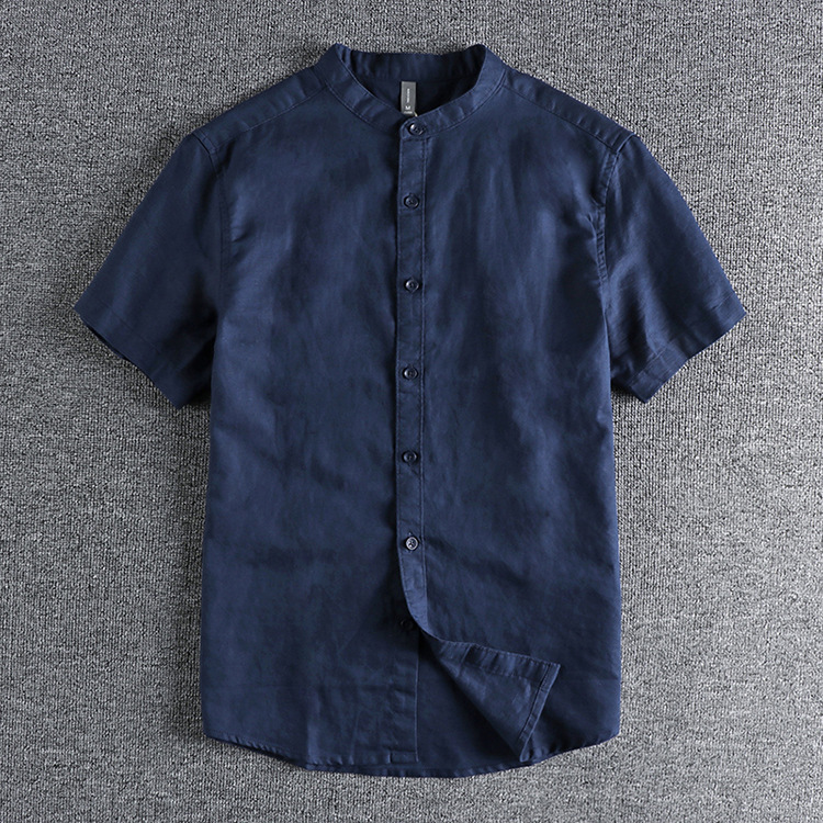 GrogeousBen  Men's Comfortable cotton fabric summer solid color retro trendy small stand collar short-sleeved shirt.