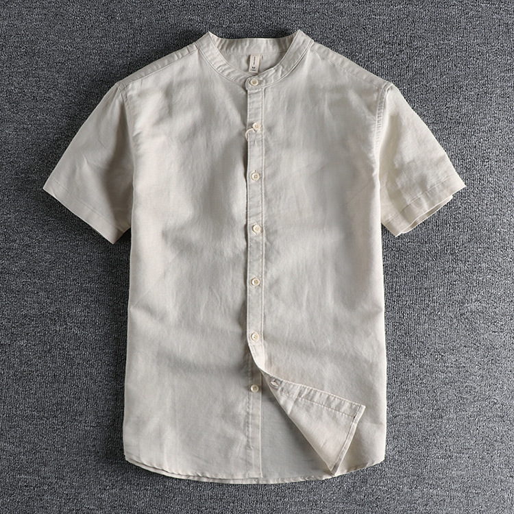 GrogeousBen  Men's Comfortable cotton fabric summer solid color retro trendy small stand collar short-sleeved shirt.