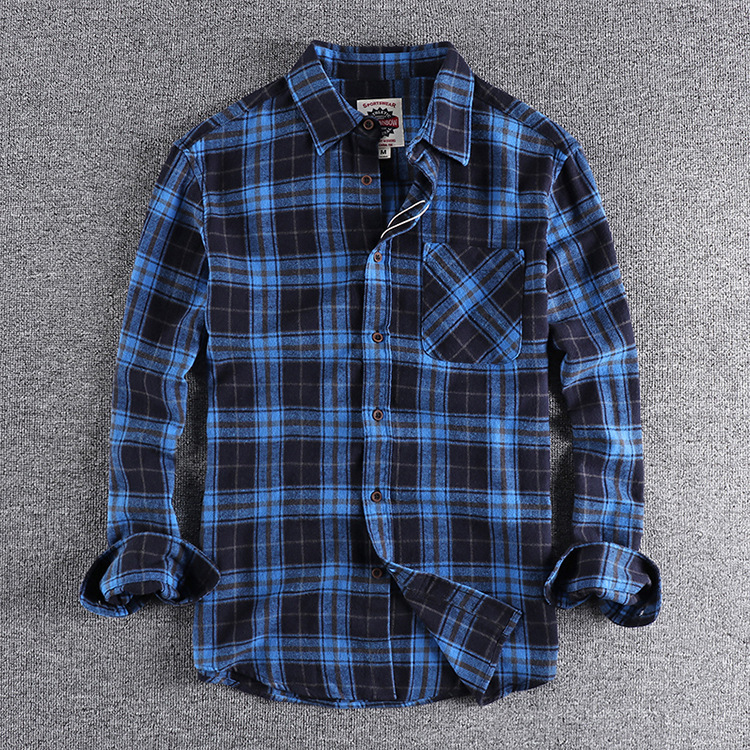 GrogeousBen  Men's Men's vintage loose long-sleeved plaid shirt with brushed and washed spring and autumn style.