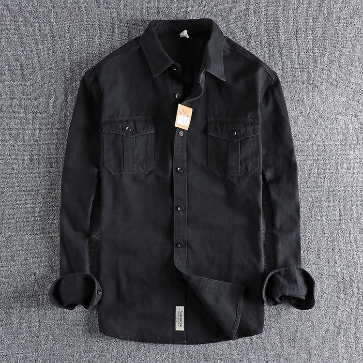 GrogeousBen  Men's Natural washed old-fashioned retro pure cotton woven long-sleeved shirt men's daily versatile trendy youth shirt.