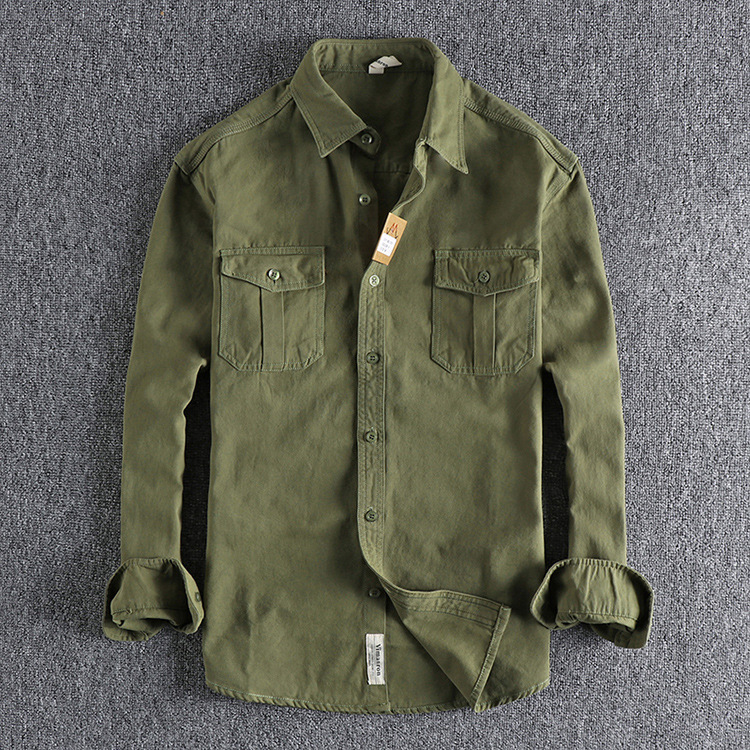 GrogeousBen  Men's Natural washed old-fashioned retro pure cotton woven long-sleeved shirt men's daily versatile trendy youth shirt.