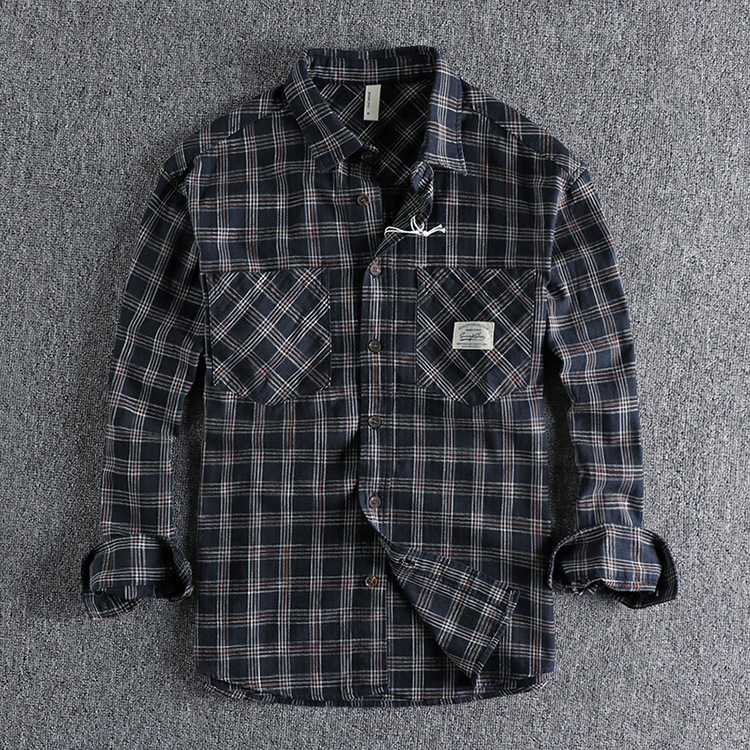 GrogeousBen  Men's Autumn and winter American retro plaid long-sleeved shirt , with double pockets on the chest, workwear style, versatile and loose-fitting youth shirt.