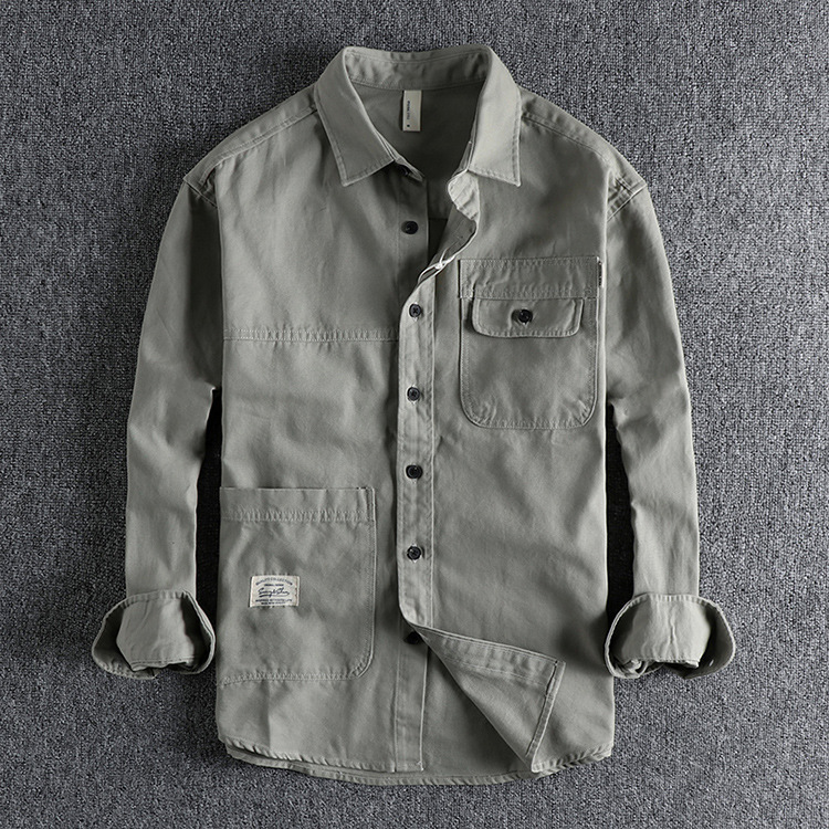GrogeousBen  Men's Irregular pocket natural water washed vintage long-sleeved shirt Daily versatile trend.
