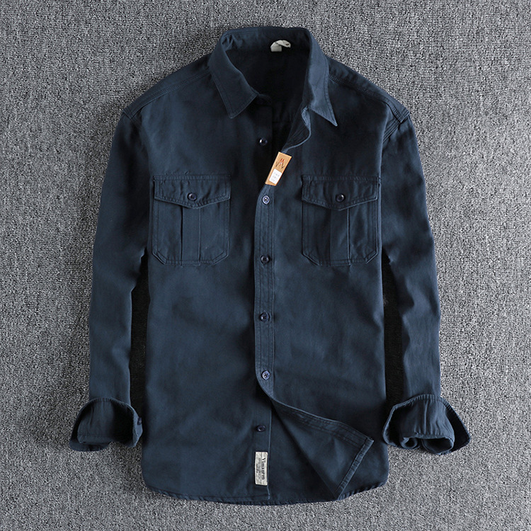 GrogeousBen  Men's Natural washed old-fashioned retro pure cotton woven long-sleeved shirt men's daily versatile trendy youth shirt.
