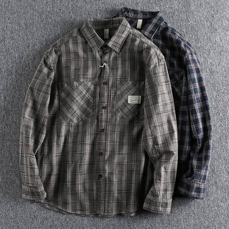 GrogeousBen  Men's Autumn and winter American retro plaid long-sleeved shirt , with double pockets on the chest, workwear style, versatile and loose-fitting youth shirt.