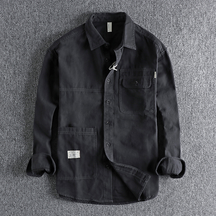 GrogeousBen  Men's Irregular pocket natural water washed vintage long-sleeved shirt Daily versatile trend.