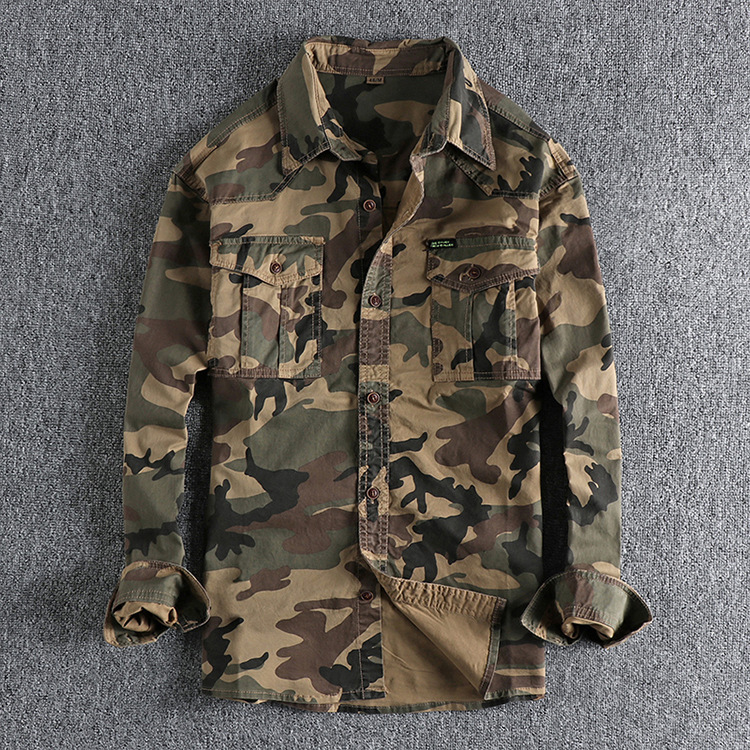 GrogeousBen  Men's Retro washed  camouflage long-sleeved shirt men's work pocket comfortable loose trendy versatile shirt