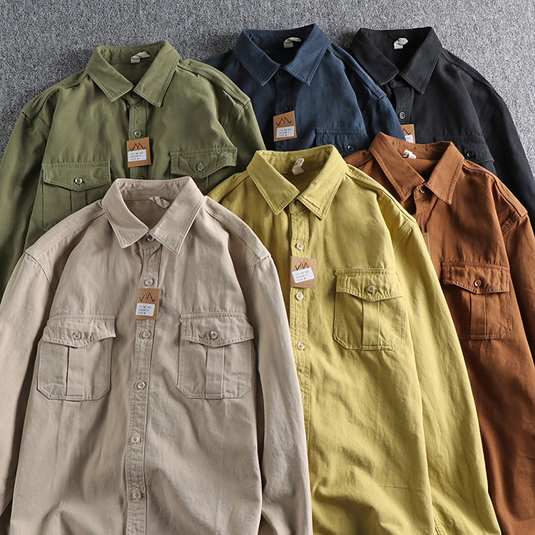 GrogeousBen  Men's Natural washed old-fashioned retro pure cotton woven long-sleeved shirt men's daily versatile trendy youth shirt.