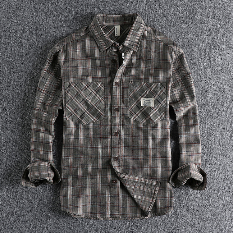 GrogeousBen  Men's Autumn and winter American retro plaid long-sleeved shirt , with double pockets on the chest, workwear style, versatile and loose-fitting youth shirt.
