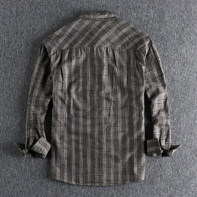 GrogeousBen  Men's Autumn and winter American retro plaid long-sleeved shirt , with double pockets on the chest, workwear style, versatile and loose-fitting youth shirt.
