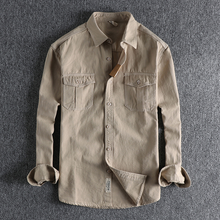 GrogeousBen  Men's Natural washed old-fashioned retro pure cotton woven long-sleeved shirt men's daily versatile trendy youth shirt.