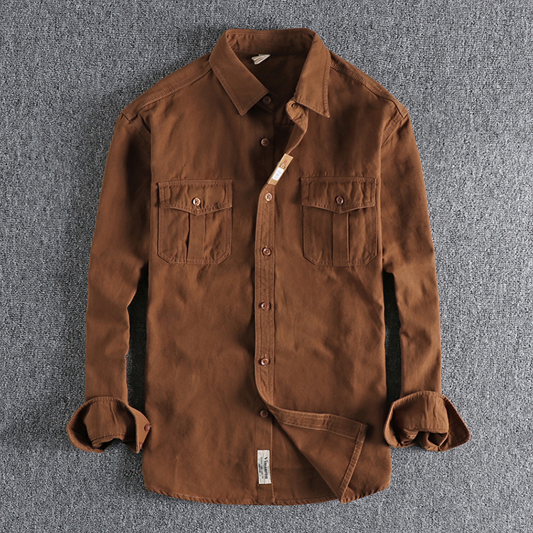 GrogeousBen  Men's Natural washed old-fashioned retro pure cotton woven long-sleeved shirt men's daily versatile trendy youth shirt.