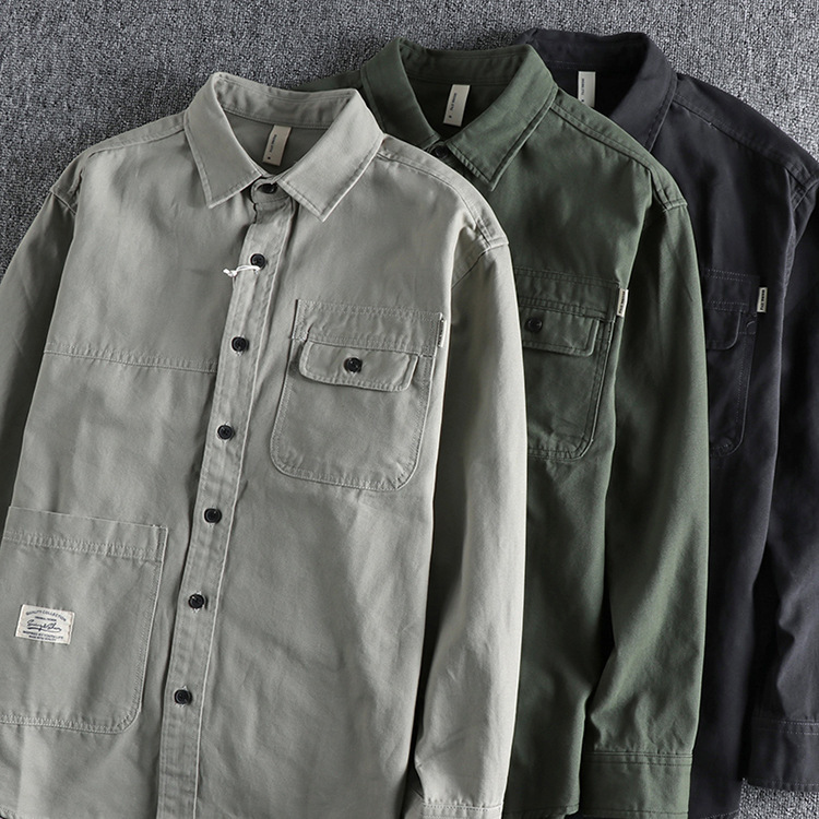 GrogeousBen  Men's Irregular pocket natural water washed vintage long-sleeved shirt Daily versatile trend.