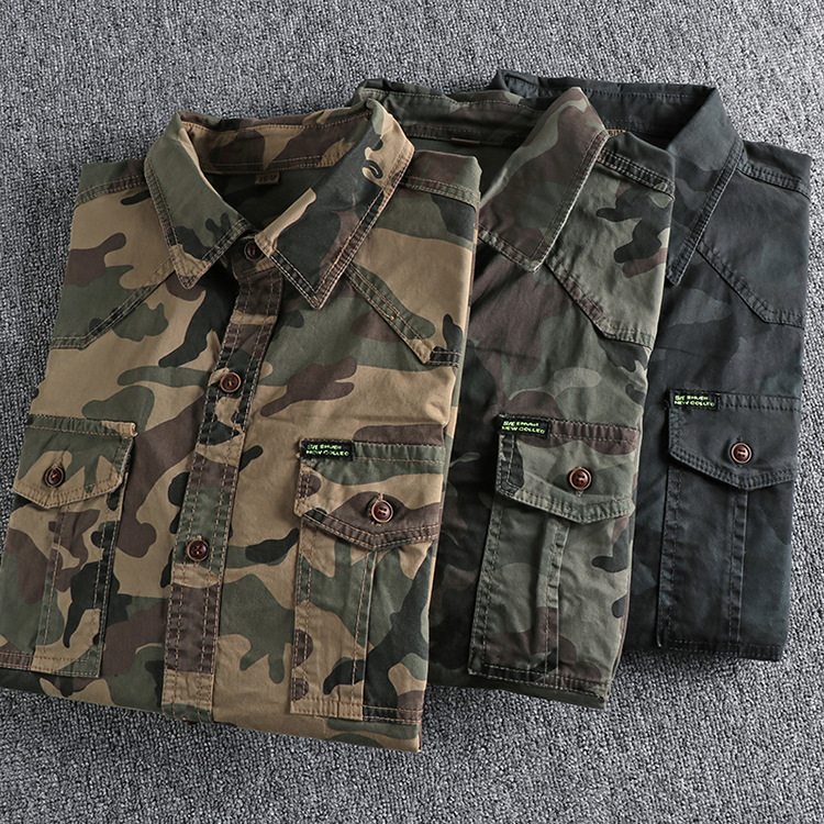 GrogeousBen  Men's Retro washed  camouflage long-sleeved shirt men's work pocket comfortable loose trendy versatile shirt