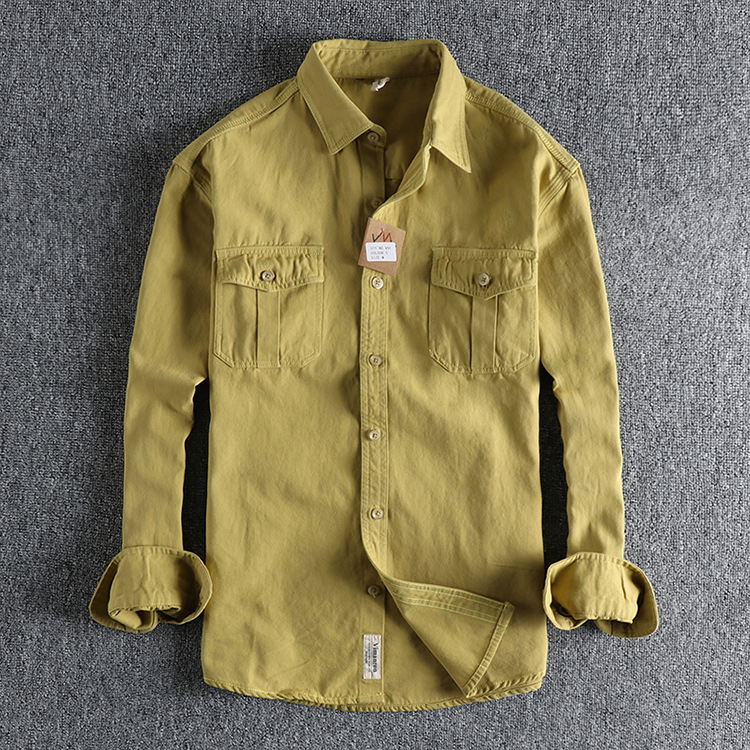 GrogeousBen  Men's Natural washed old-fashioned retro pure cotton woven long-sleeved shirt men's daily versatile trendy youth shirt.