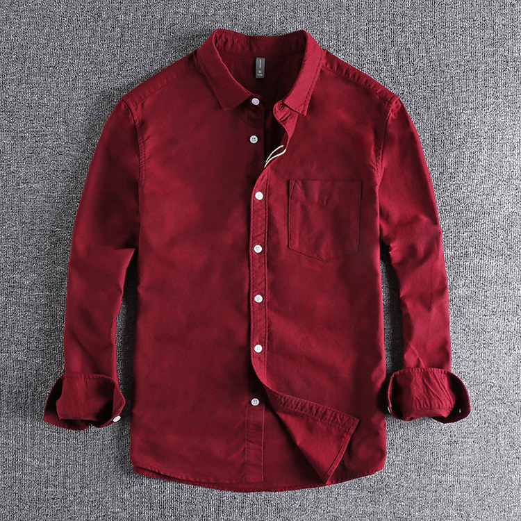 GrogeousBen  Men's High-grade pure cotton washed Oxford fabric basic simple pocket long-sleeved shirt.